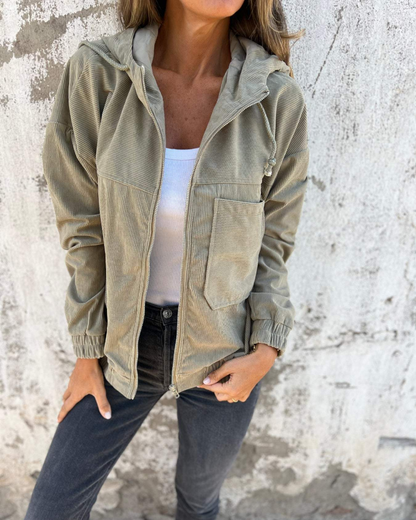 Camila| Zippered Hooded Corduroy Jacket
