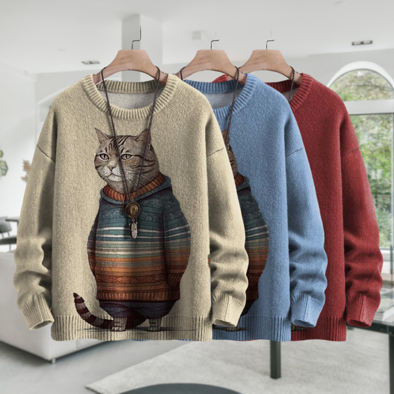 EliCat - Adorable Cat Print Sweater for Ultimate Comfort