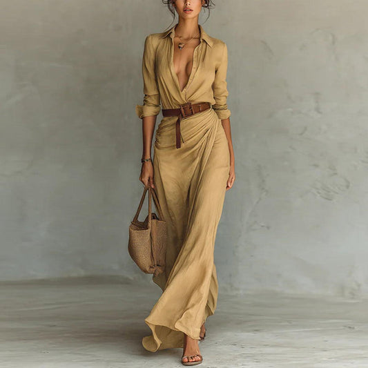 Trendy Collared Long Sleeve Maxi Dress
